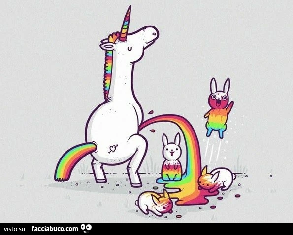 Unicorno fa la pipì arcobaleno sui coniglietti