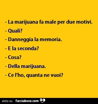 La marijuana fa male per due motivi. Quali? Danneggia la memoria. E la seconda? Cosa? Della marijuana. Ce l'ho, quanta ne vuoi?