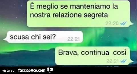 È meglio se manteniamo la nostra relazione segreta. Scusa chi sei? Brava, continua così
