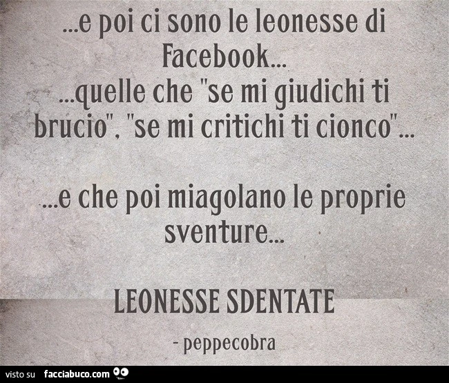 E poi ci sono le leonesse di Facebook, quelle che se mi giudichi ti brucio. Se mi critichi ti cionco. E che poi miagolano le proprie sventure. Leonesse sdentate