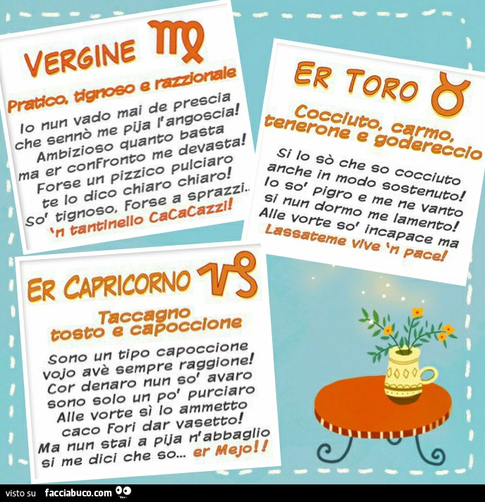 Oroscopo in dialetto romano per i segni Vergine, Toro e Capricorno