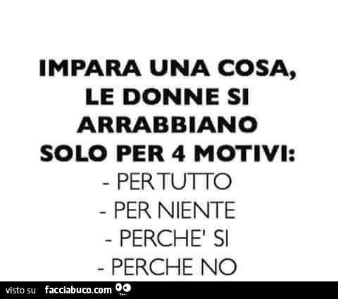 Impara una cosa, le donne si arrabbiano solo per 4 motivi: per tutto. Per niente. Perchè si. Perchè no